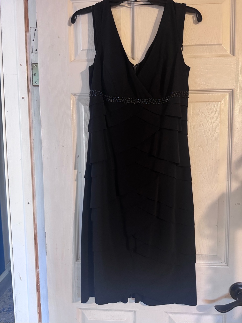 Alex Evenings Black Beaded V-Neck Tiered Midi Dress